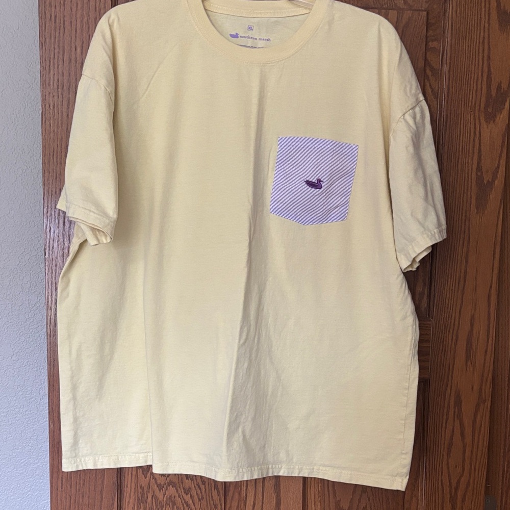 Southern Marsh Light Yellow Short Sleeve Tee with Lavender Striped Pocket